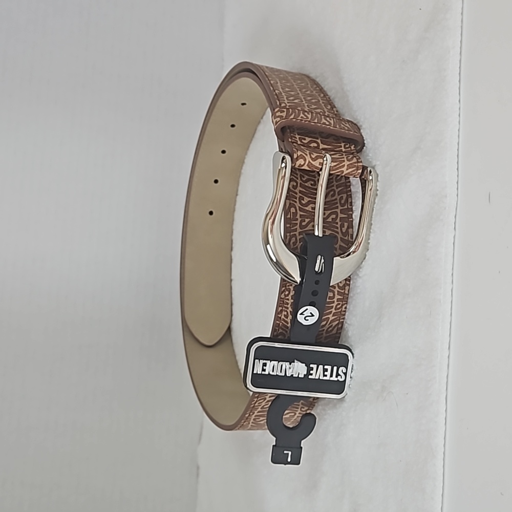 Steve Madden | NWT Women's Brown Printed Logo Silver Tone Hardware Belt Sz L